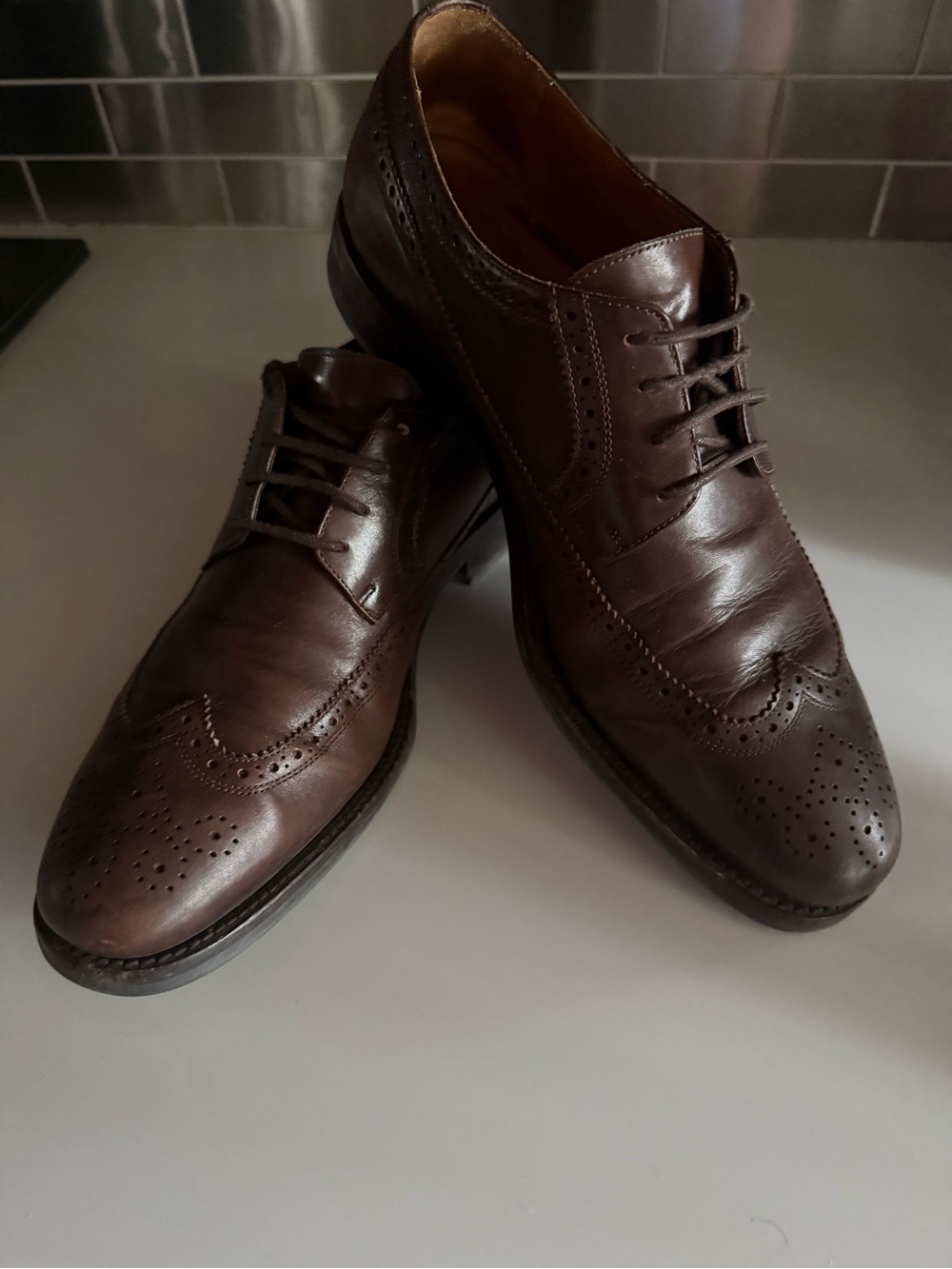 Ralph Lauren Dark Brown Leather Wingtip Derby Shoes, Made in Italy